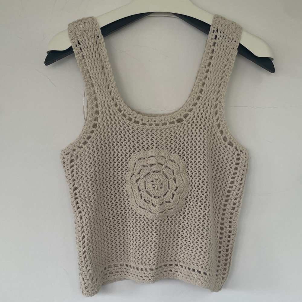 Jessica Simpson Tan Crochet Knit Flower Sleeveless Tank Top Cotton Blend Medium